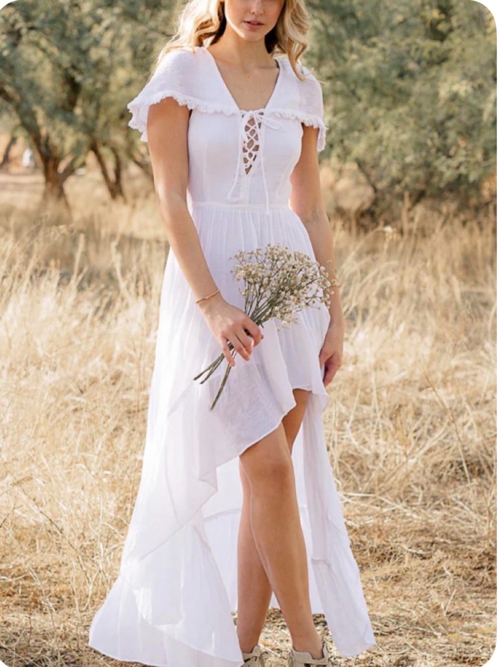 Joyfolie White Lace-Up High-Low Maxi Dress